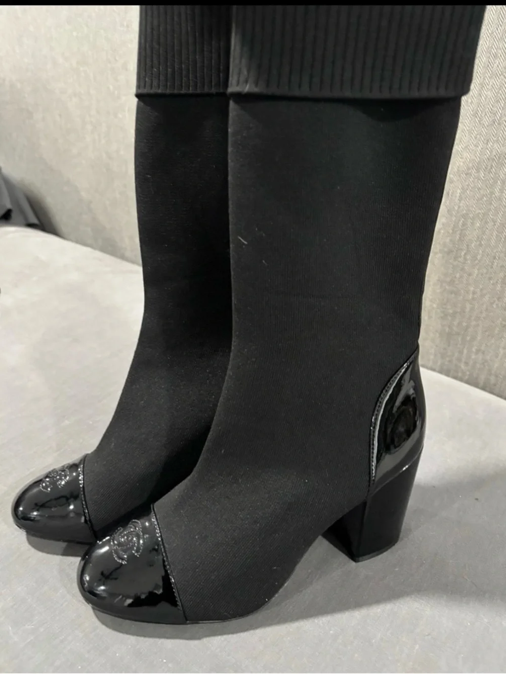 CHANEL Black Stretch Sock Boots with Glossy Patent Cap Toe - Picture 5 of 7